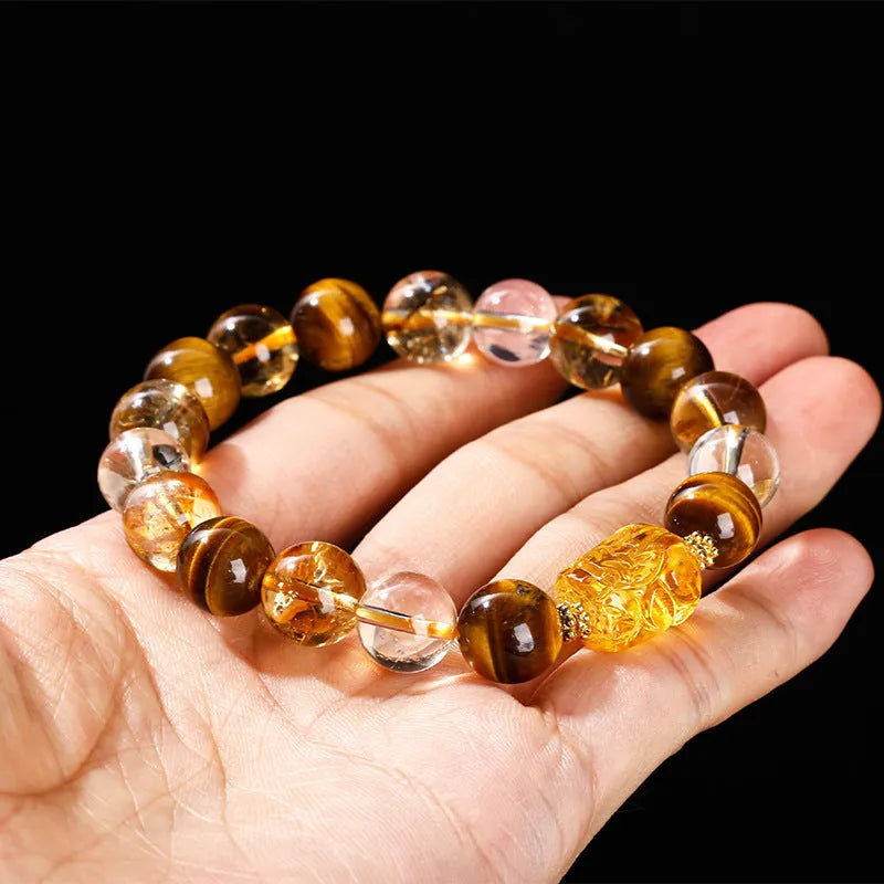 Yellow tiger's eye and citrine stone bracelet with Pi Xiu charm and 10mm geometric beads