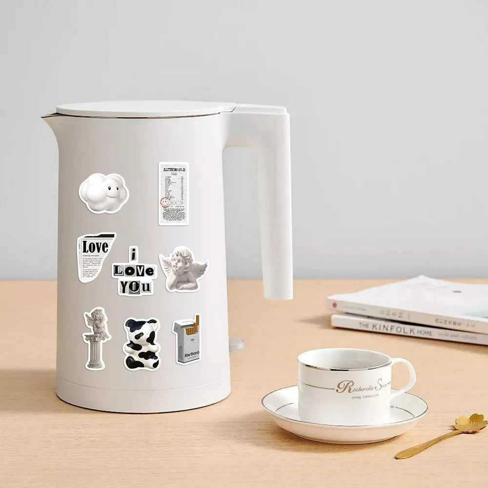 61-piece pack of black and white simple design waterproof PVC stickers for laptops and cups.