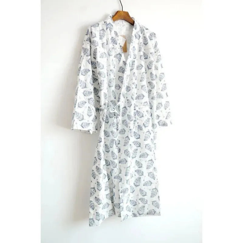 Men's cotton nightgown with leaf pattern in navy blue, home wear long sleeve