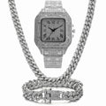 Roman grain graduation quartz watch set of three pieces with square diamond-studded dial on black mesh band.