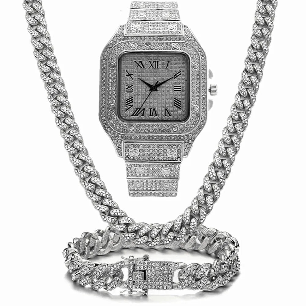 Roman grain graduation quartz watch set of three pieces with square diamond-studded dial on black mesh band.