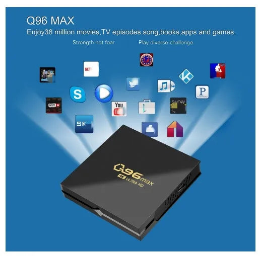 Q96 MAX S905 Android 4K TV set-top box with remote control and HDMI cable on a dark surface.
