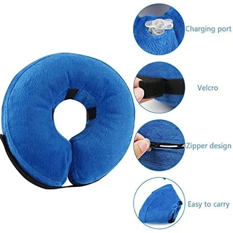 Blue inflatable dog recovery collar fastened around a dog's neck showing soft cone alternative
