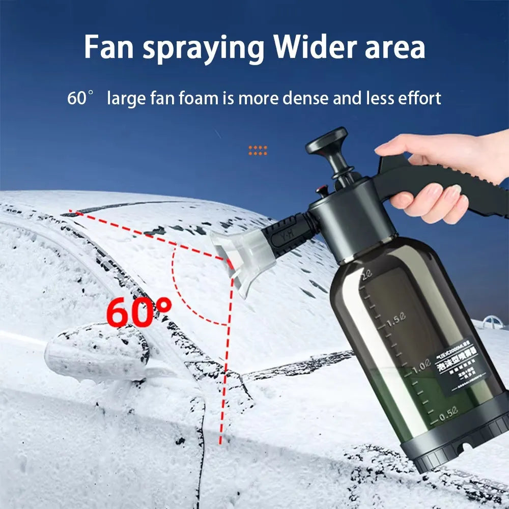 2L black manual car wash foam spray bottle with fan nozzle and watering nozzle on white background