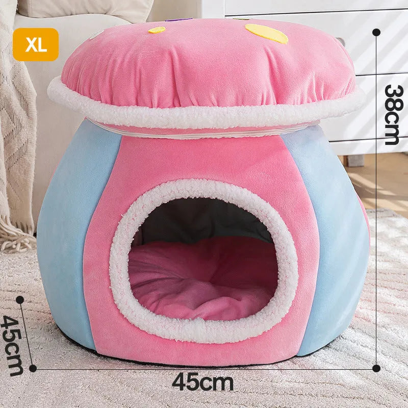 Grey mushroom-shaped plush cat nest bed for pets on a white background.