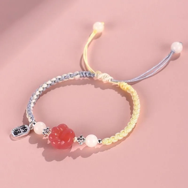 Red cat's paw woven couple bracelet with glass beads in pastoral style adjustable jewellery