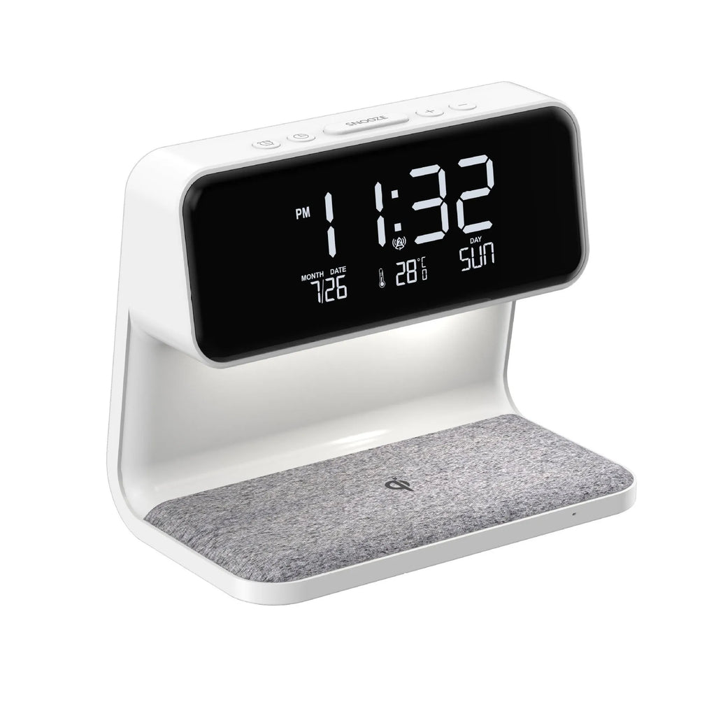 White 3-in-1 bedside lamp with wireless charging pad, LCD clock screen, and touch dimming controls