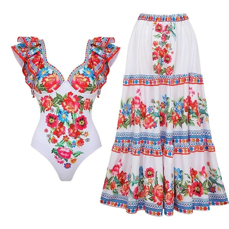 Women's printed skirt one-piece swimsuit in polyester fabric available in multiple colours