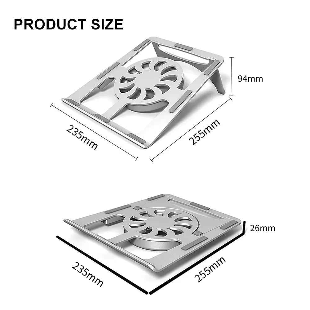 Silver M9 aluminium alloy folding lifting laptop cooling bracket on a desktop