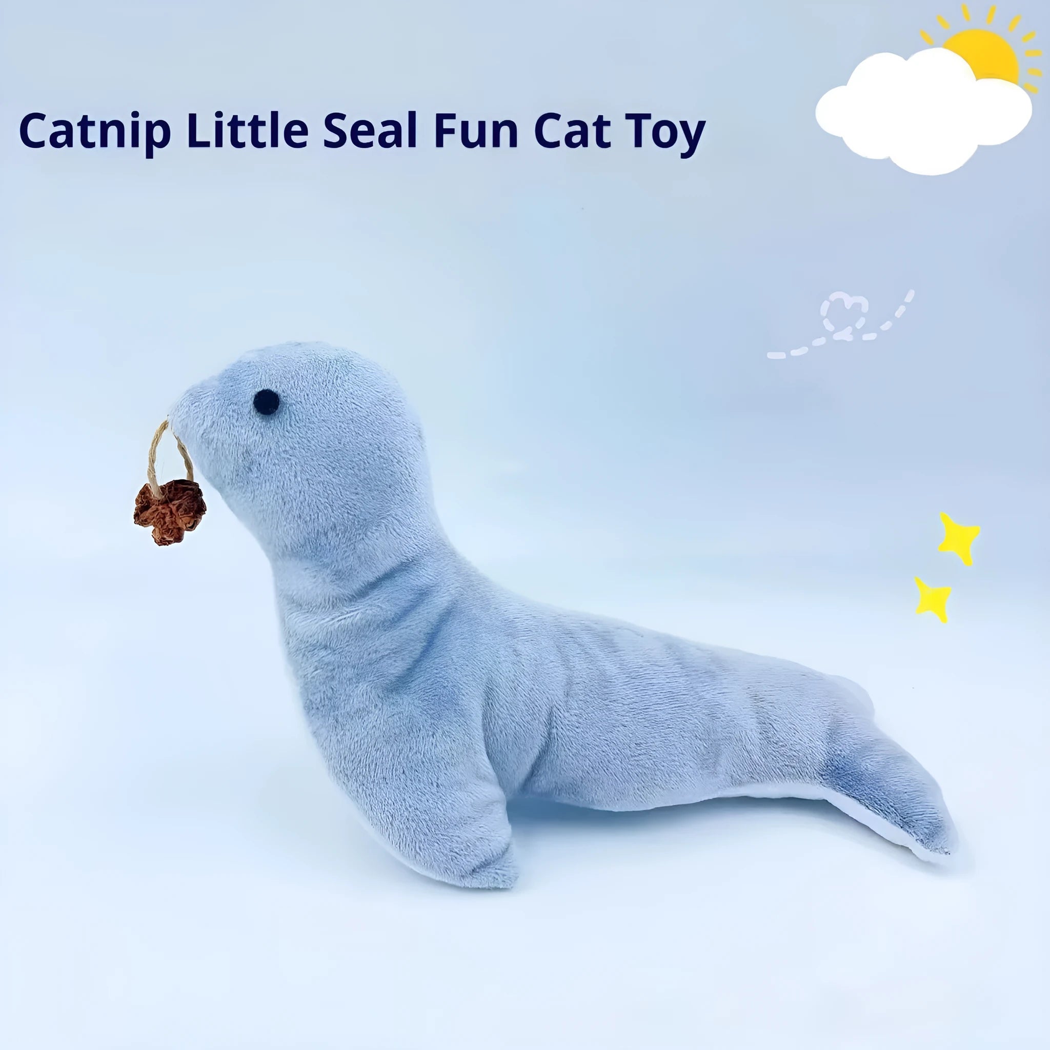 Blue sea lion plush cat toy with bell sound catnip scent and gall fruit texture for teeth grinding