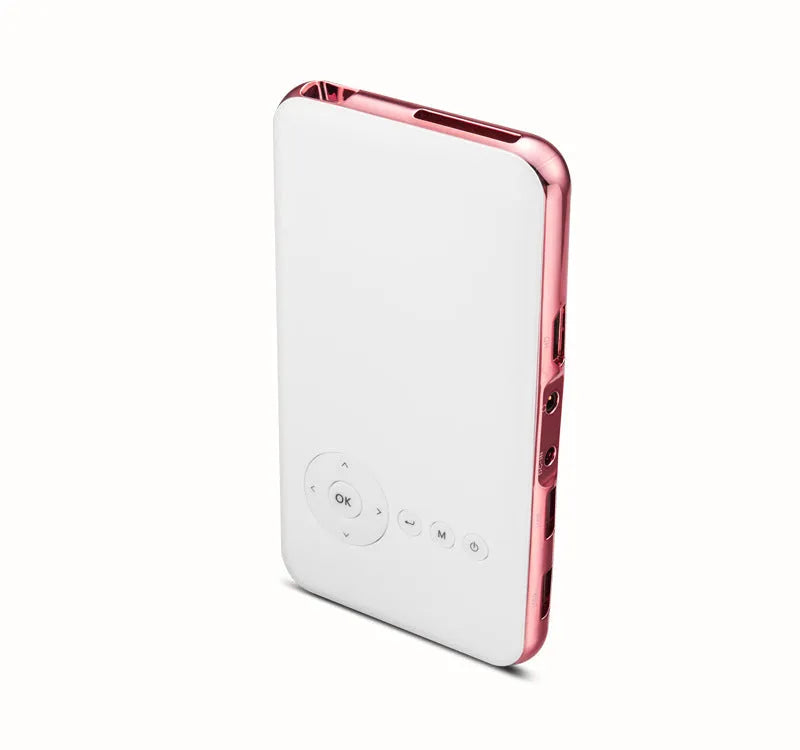 M6S white and rose gold miniature portable Android projector showing compact 145x80mm dimensions