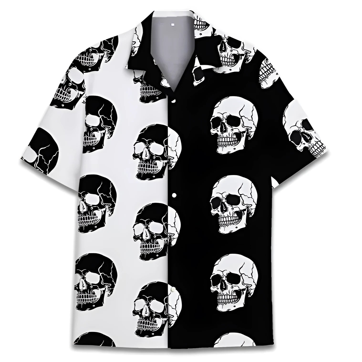 A man's short-sleeve Cuban collar Hawaiian shirt in a digital print, made from lightweight polyester fabric.