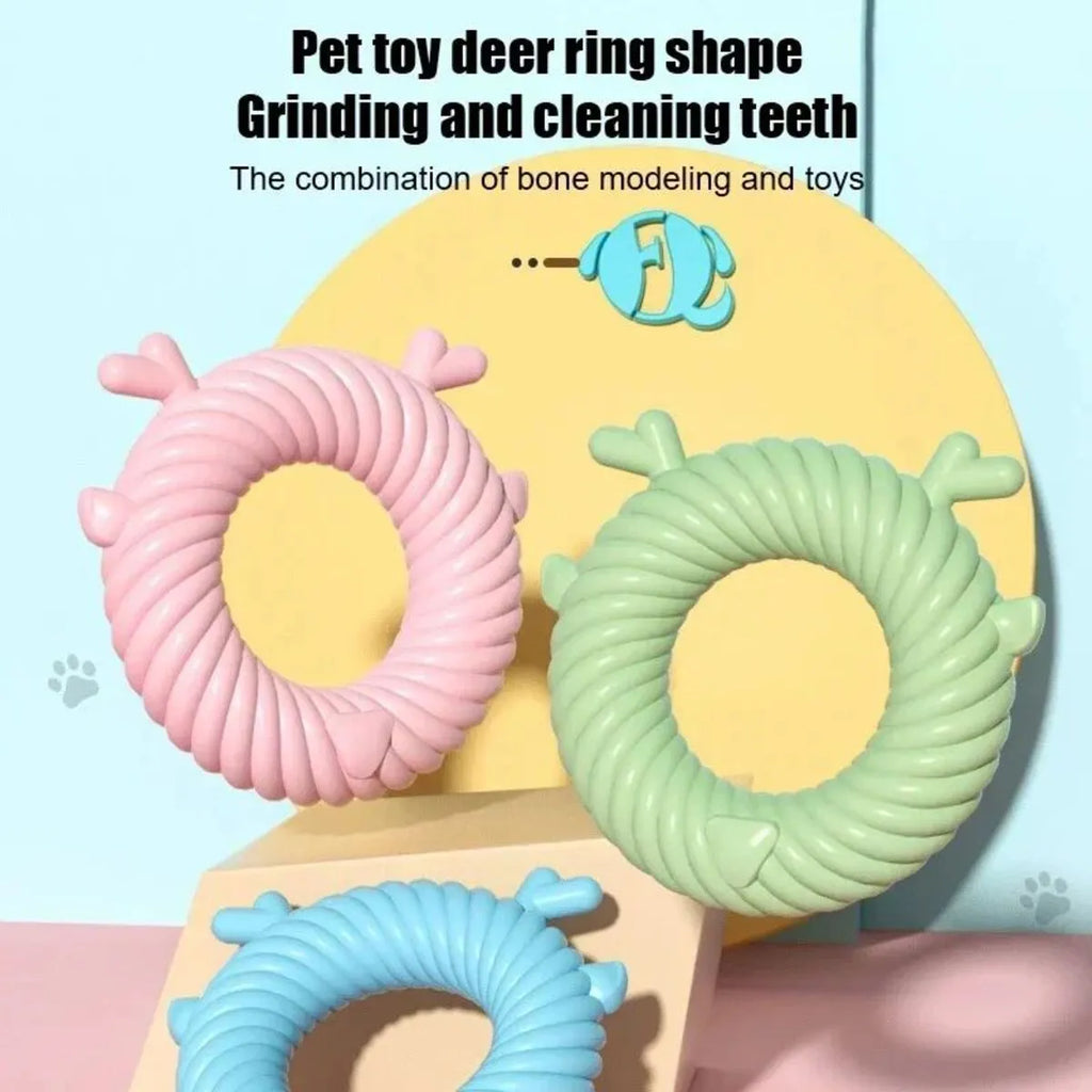 Deer-shaped dog chew toy with spiral grooves for teeth cleaning in blue, pink, or green
