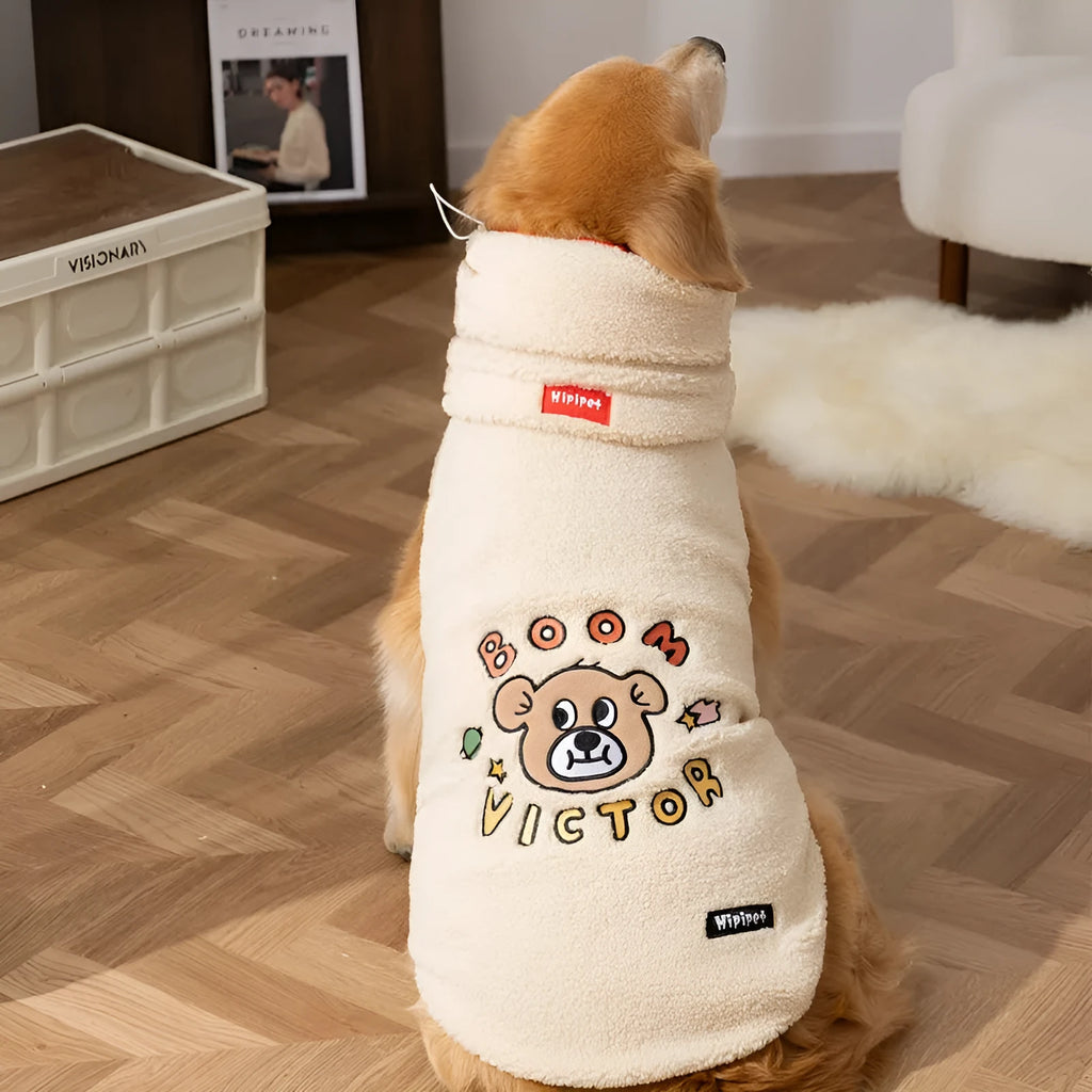 Beige Sherpa fleece dog vest with bear pattern for large and medium dogs