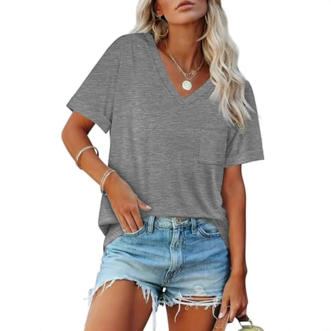 Grey loose fit V-neck short sleeve T-shirt with a front chest pocket.