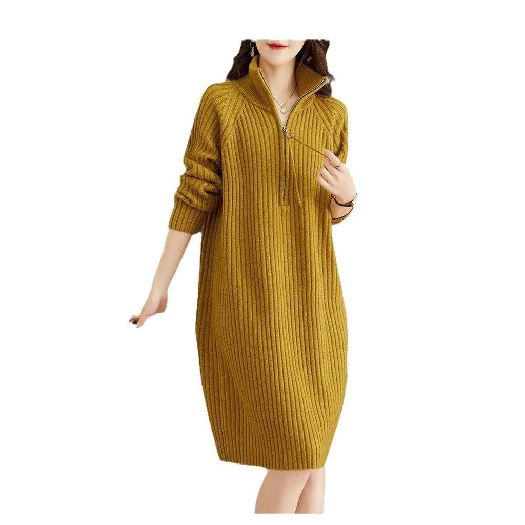 Beige casual women's skirt with half front zipper, stand collar, and long sleeves on a hanger.