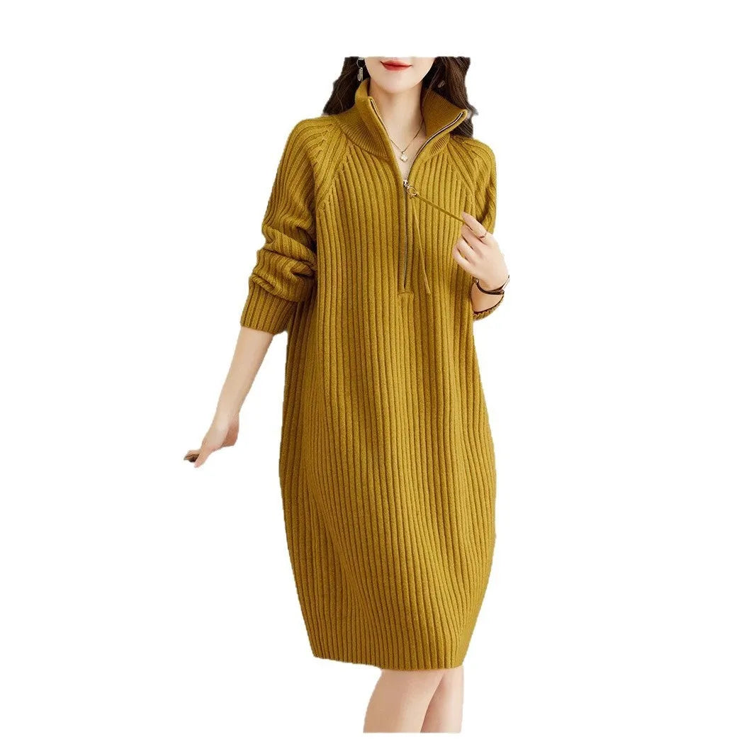 Beige casual women's skirt with half front zipper, stand collar, and long sleeves on a hanger.