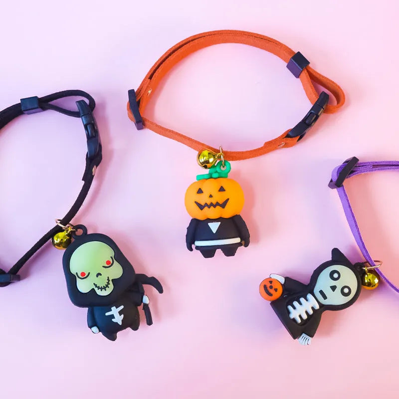 Halloween dog collar decoration in Pumpkin Man cartoon pattern showing size options.
