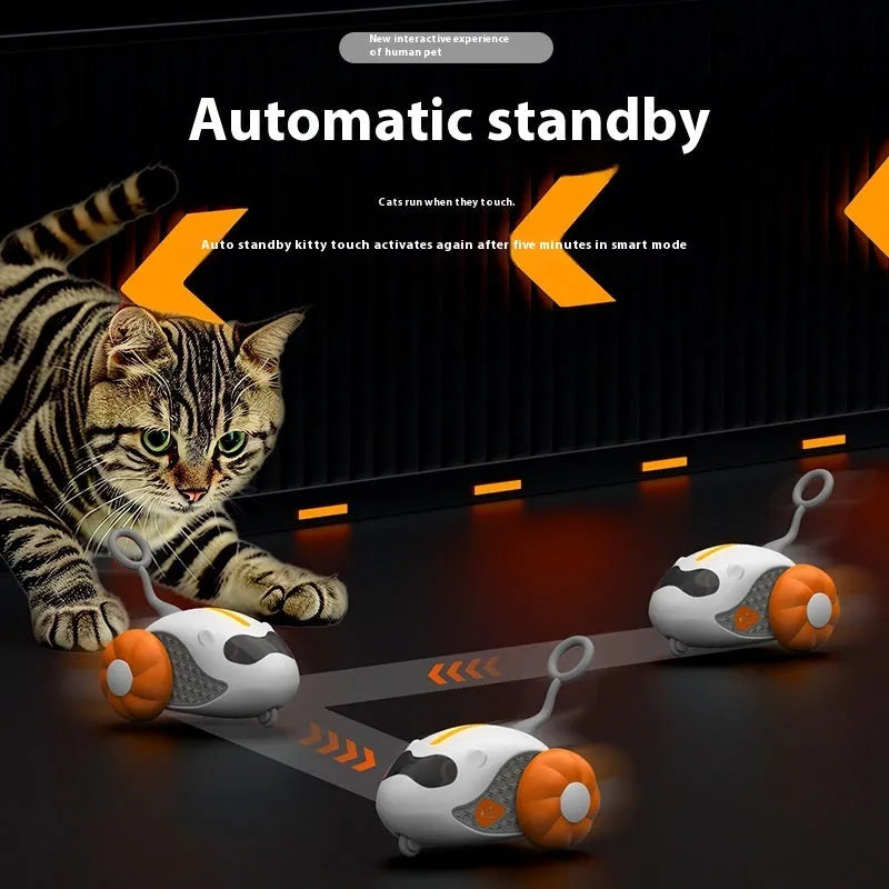 Blue or orange remote control cat toy with feather teaser attachment and charging cable