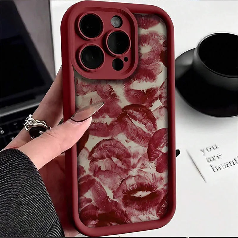 Red lip print TPU phone case for Apple iPhone, wine red, all-inclusive drop-resistant cover