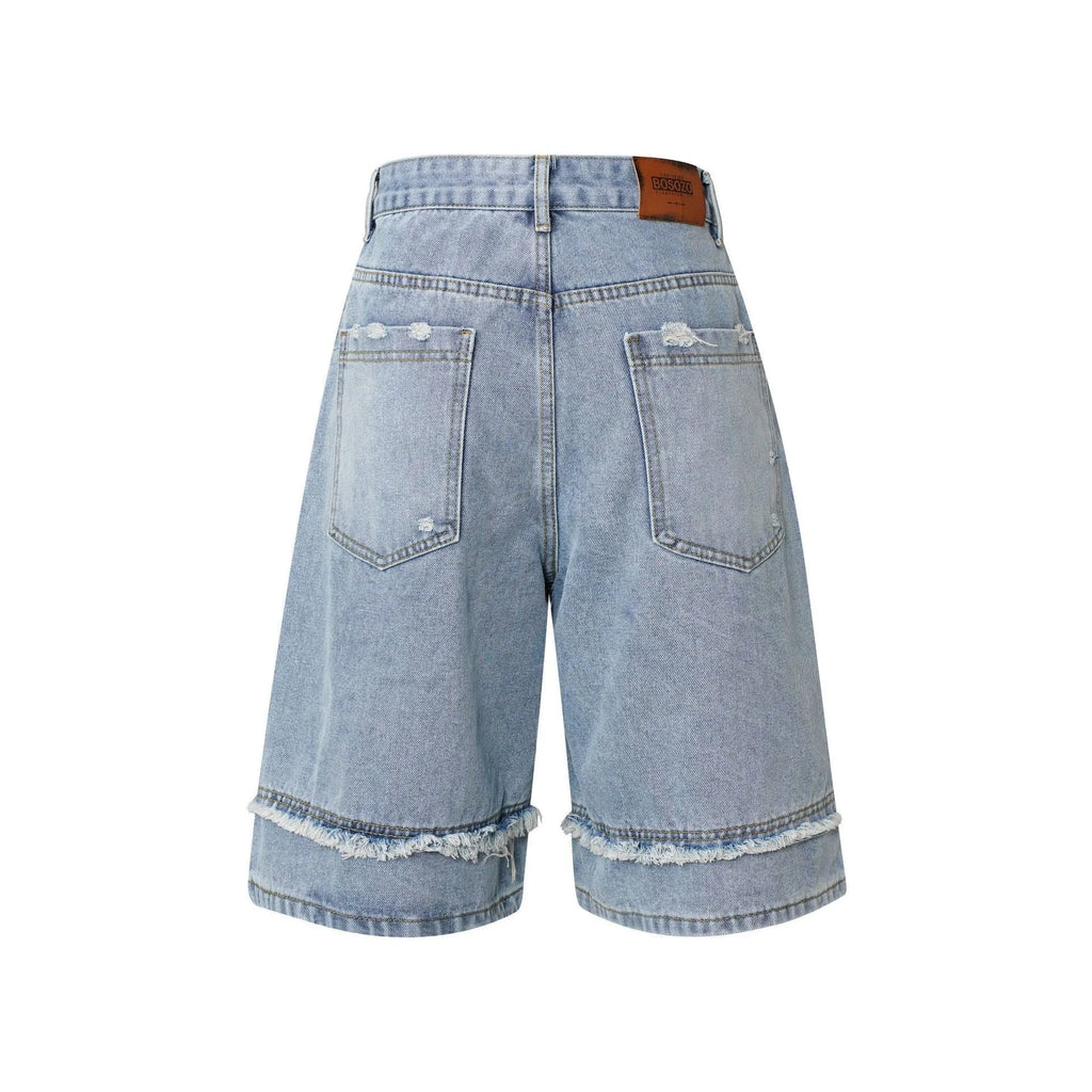 Distressed raw edge denim shorts in straight cut design with hip hop styling
