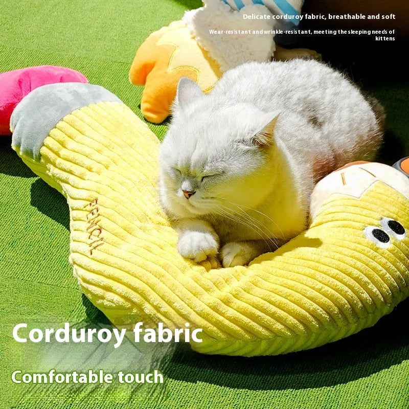Fleece cloth pet pillow in pencil shape, 66cm long, on a neutral background