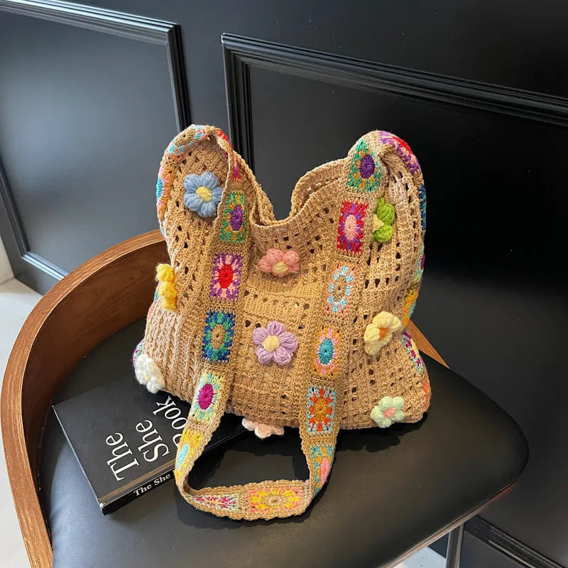 Polyester woven beach shoulder bag with hollow design in milky white colour showing dimensions