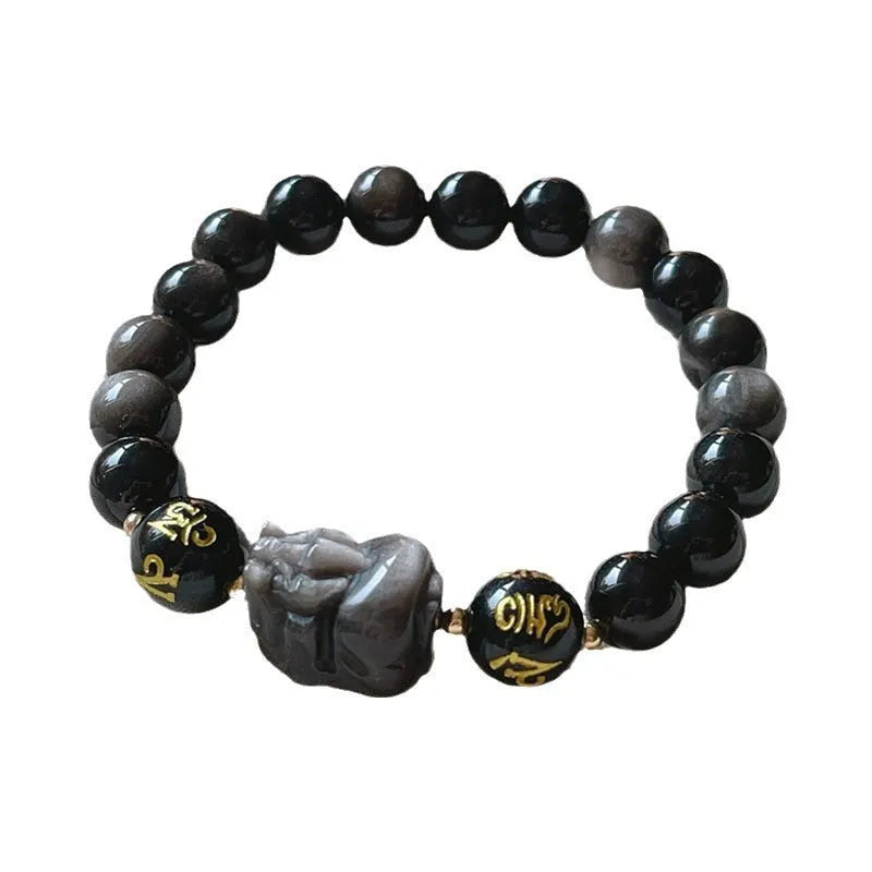 Silver Stone men's bracelet with Chinese zodiac symbols and beaded design in natural silver colour
