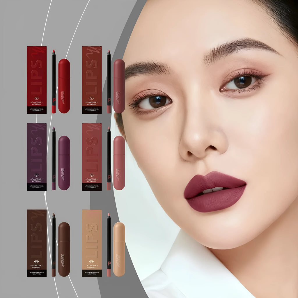 Moisturising lip gloss and lip liner duo set 15ml 1.2g in six colour options including Caramel Cotton and Violet.