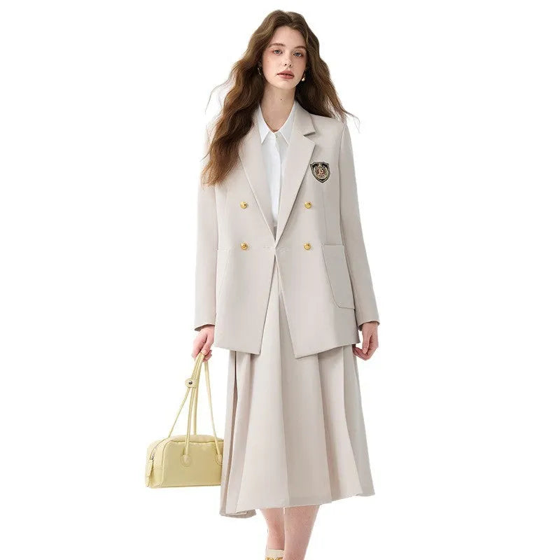 Women's black casual blazer set with long sleeves, solid colour polyester fabric, and matching trousers