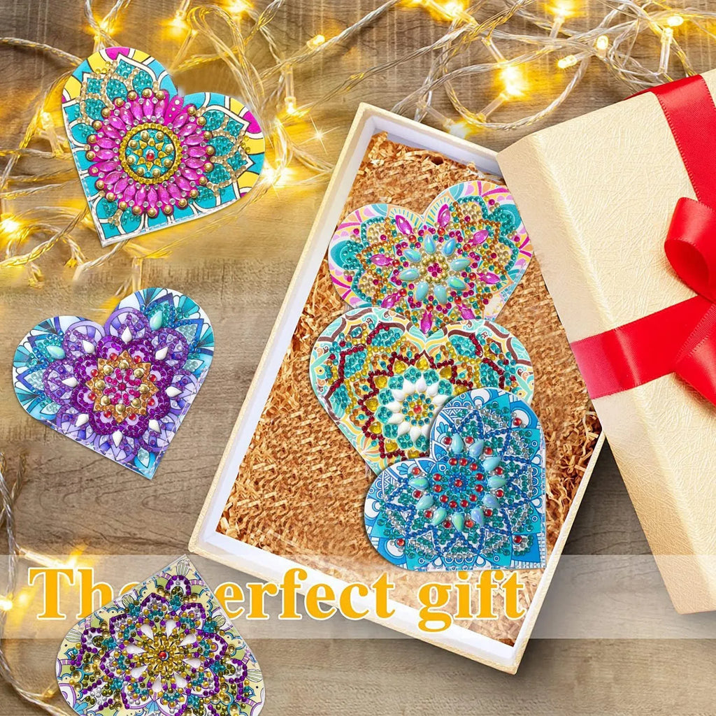 Set of six PU leather handmade bookmarks with stick-on crystals and flower cornerite design.