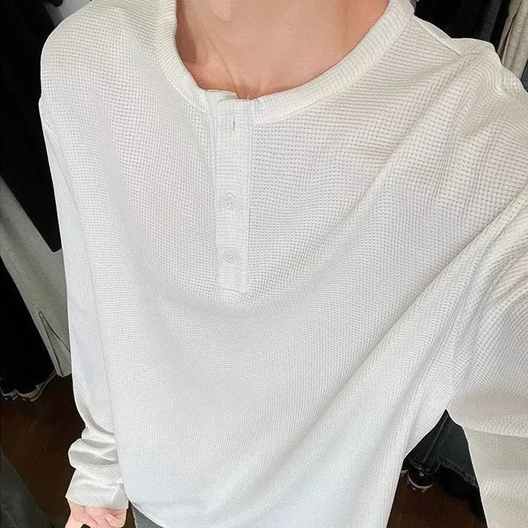 Black American Henry Collar long-sleeved men's top, solid colour, polyester fibre blend, loose fit