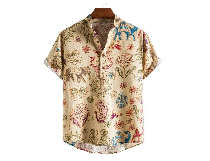 Man's loose-fit cardigan shirt with colourful 3D digital printing, on a hanger.