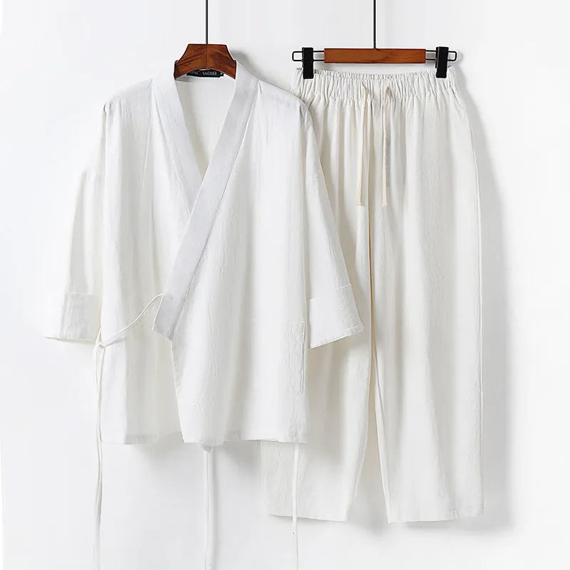 Cardigan hanfu two-piece outfit in cotton linen fabric showing top and trousers