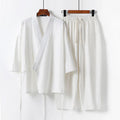 Cardigan hanfu two-piece outfit in cotton linen fabric showing top and trousers