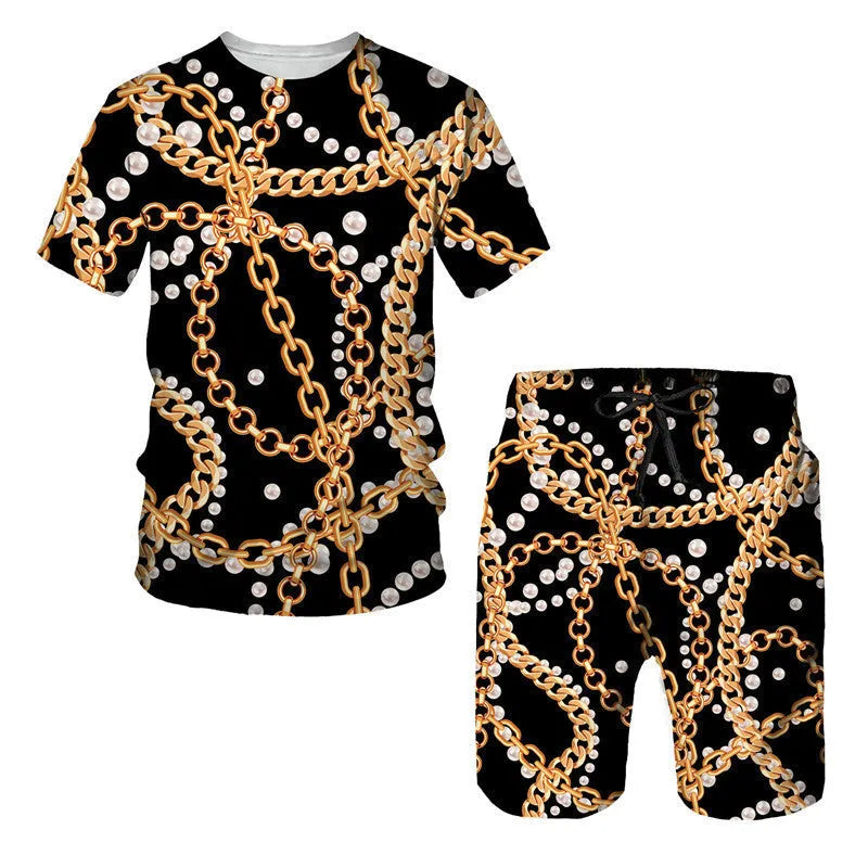 Man wearing a chain pattern printed short sleeve t-shirt and matching shorts casual summer set.