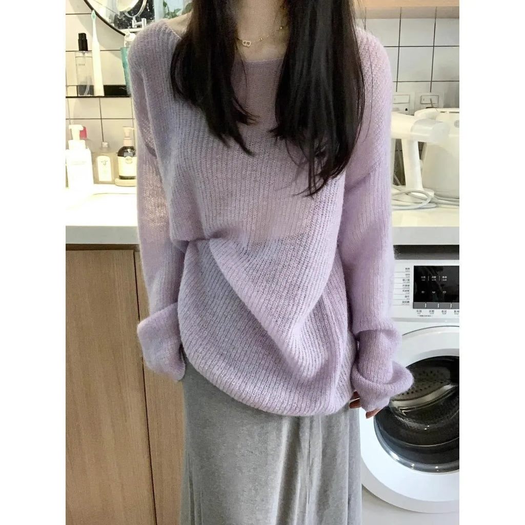 Purple ice silk women's blouse with princess sleeves and shoulder strap detail