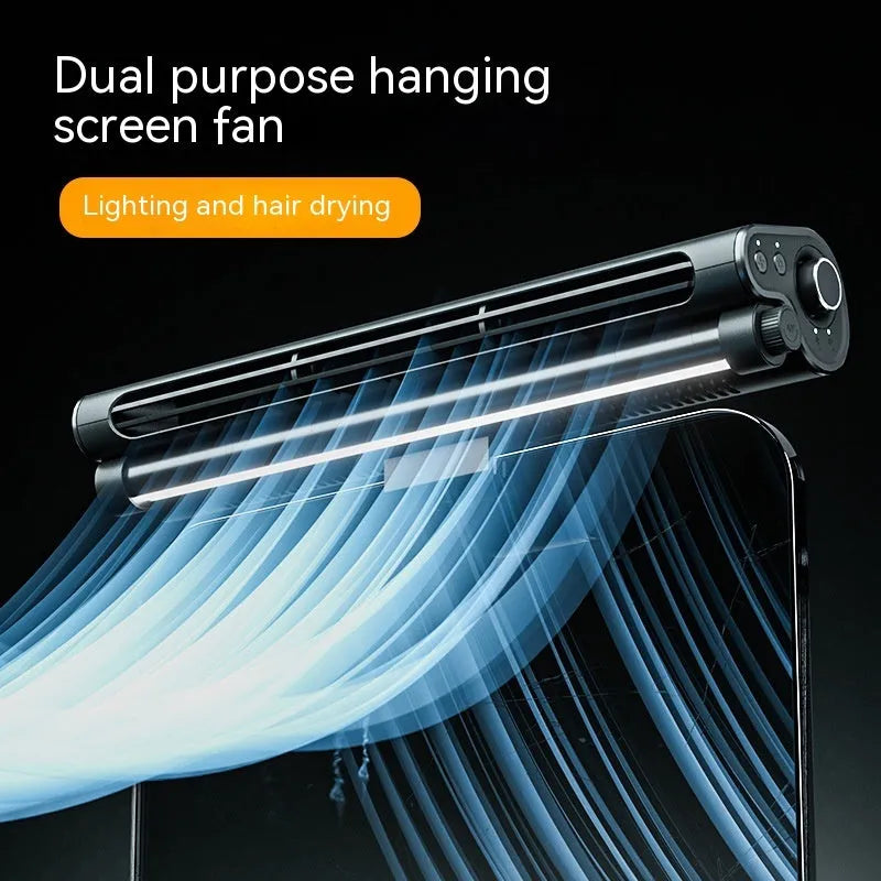 Black USB-powered bladeless fan clipped to a laptop screen with an integrated lighting lamp.