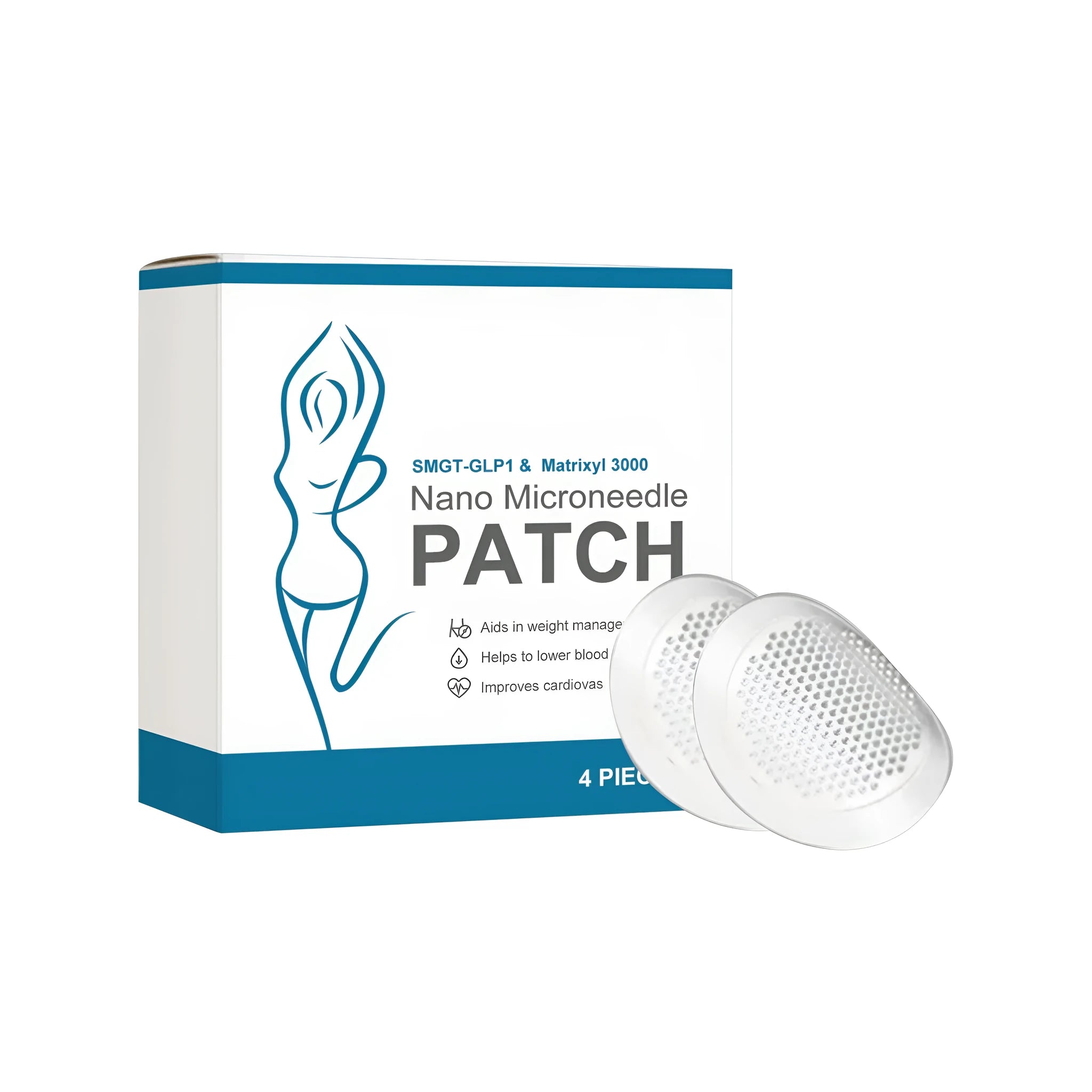 Pack of four body shaping microneedle patches with curcumin and garlic ingredients.