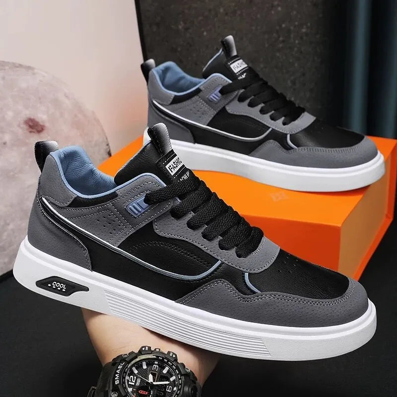 Men's breathable canvas board shoes in black, beige, and grey with mesh lining and low-top design
