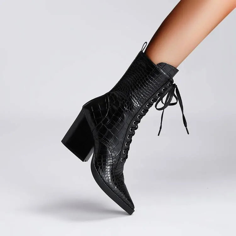 Dark brown women's pointed toe ankle boots with a chunky heel and side zip.