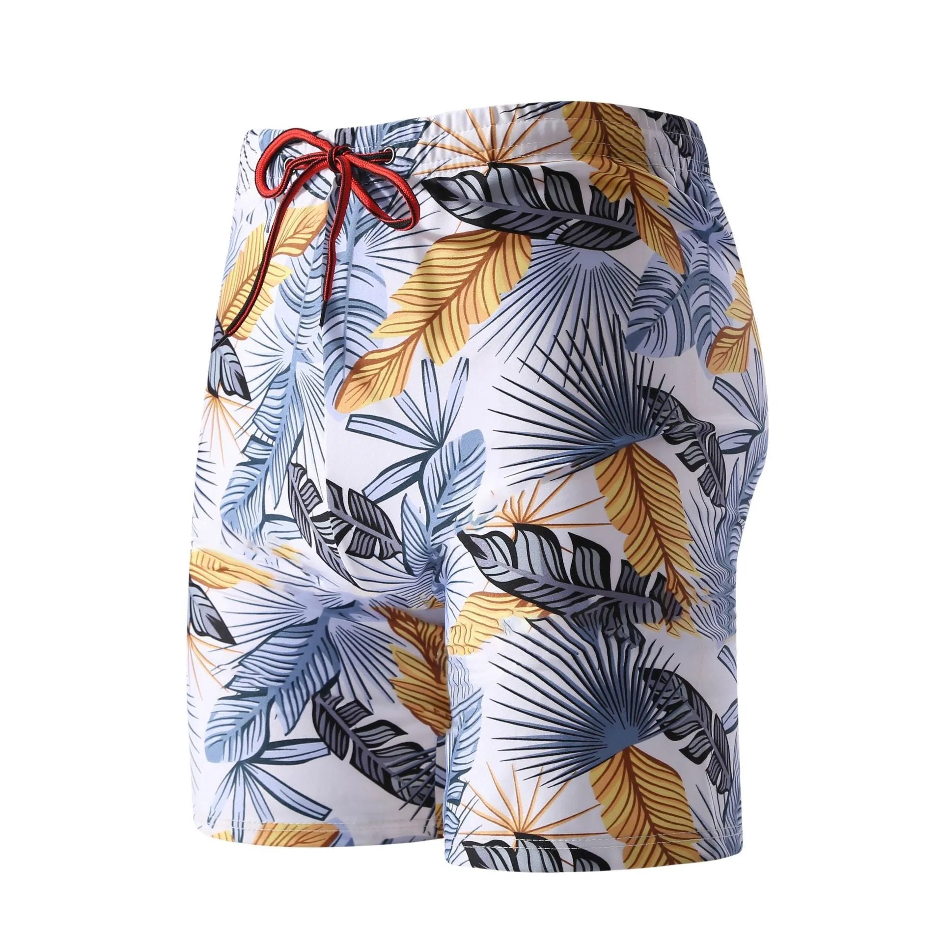 Men's cropped beach swimming trunks in a multicolour leaf pattern, briefs style