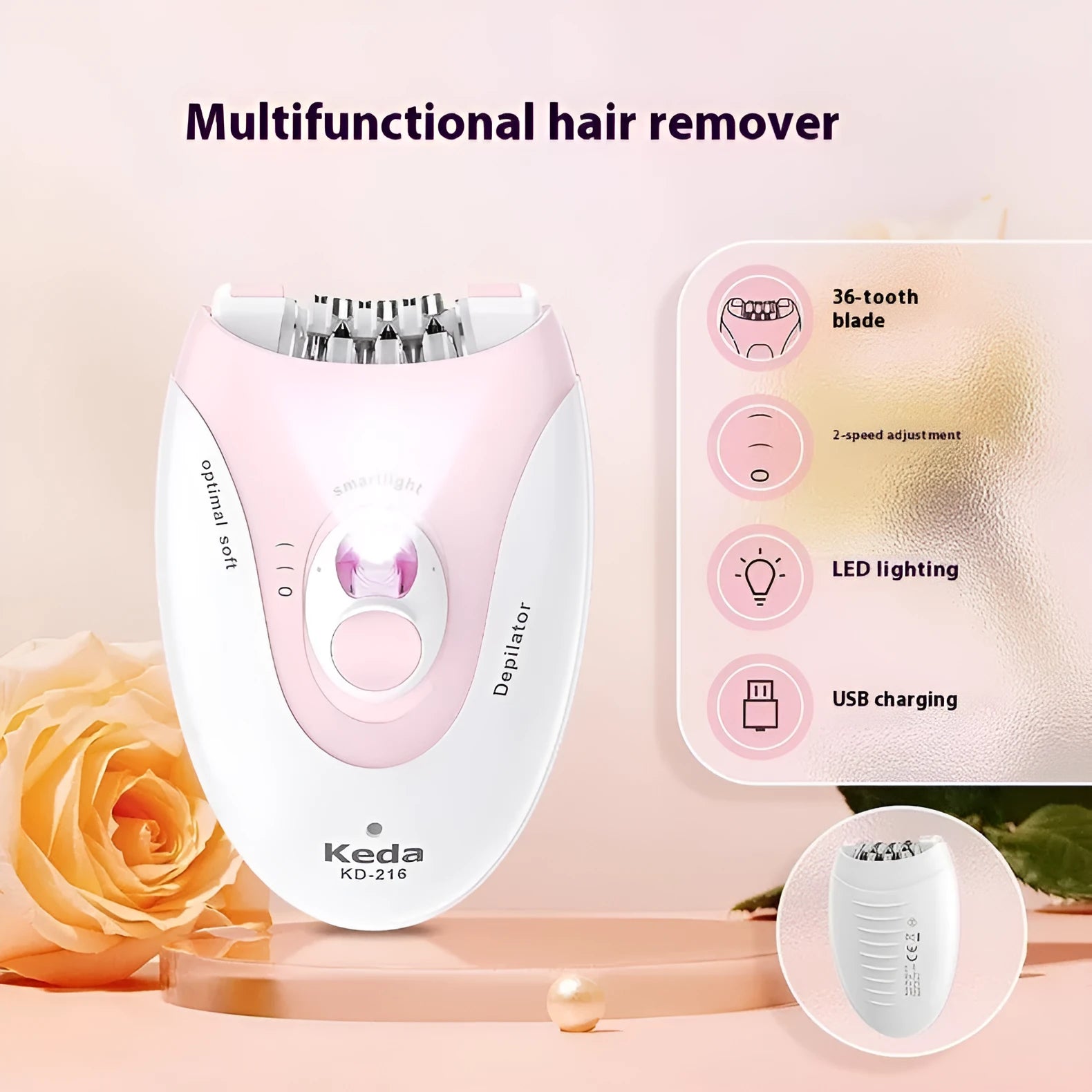 USB powered electric hair removal epilator device in KEDA-216 colour with brush cleaning system