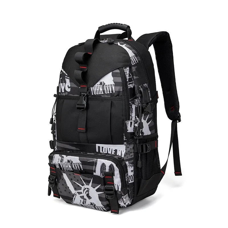 Men's black waterproof Oxford cloth hiking backpack with contrasting straps and large main compartment.