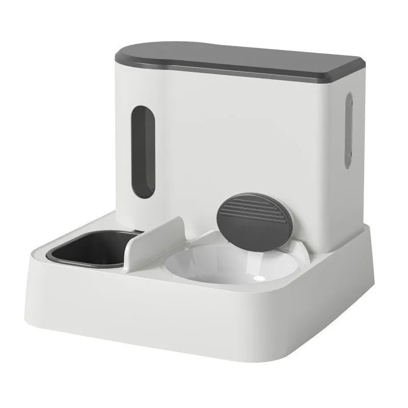 Automatic cat feeder with integrated water dispenser and double bowl system in grey colour
