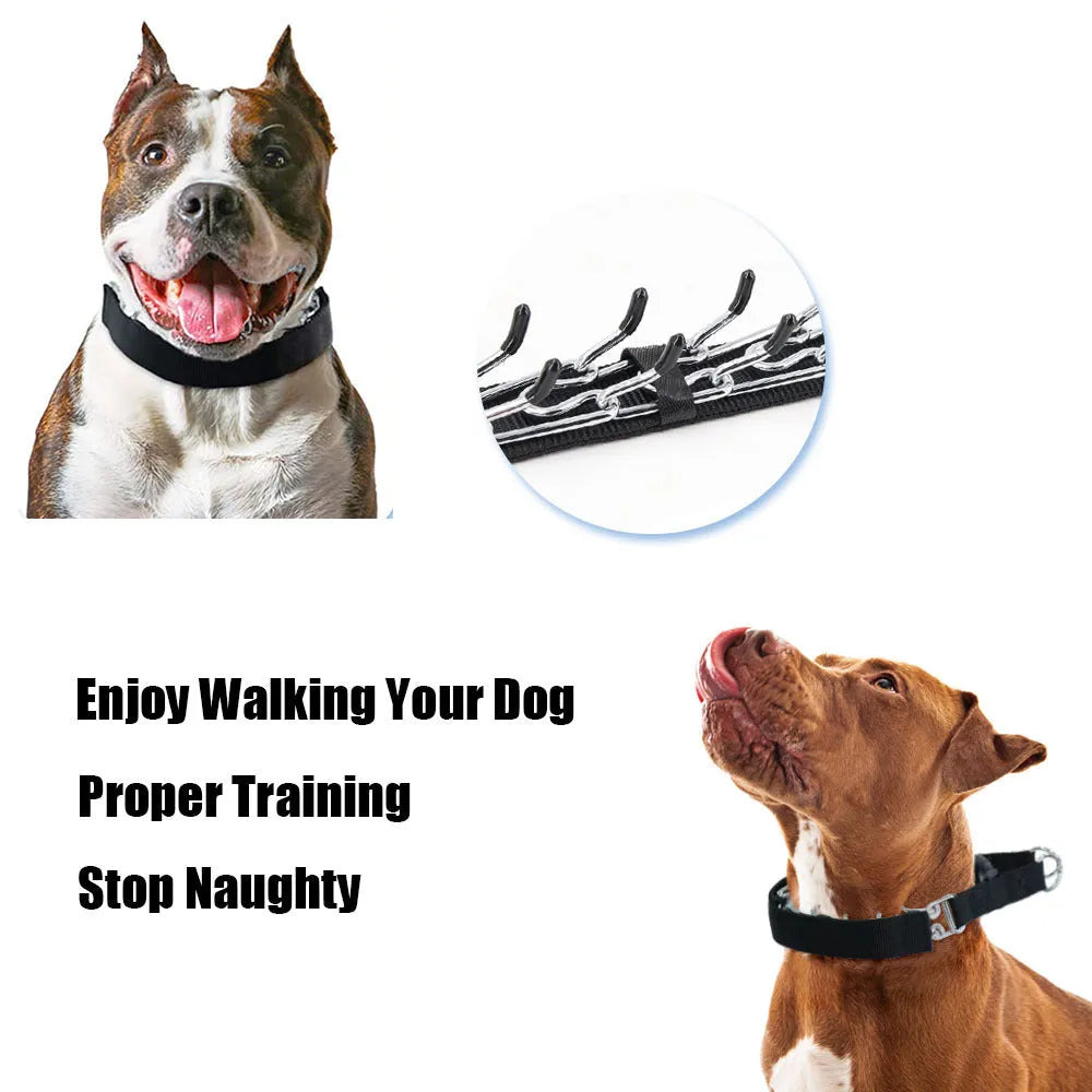 Dog training spike chain collar with a separate neck cover in reflective blue.