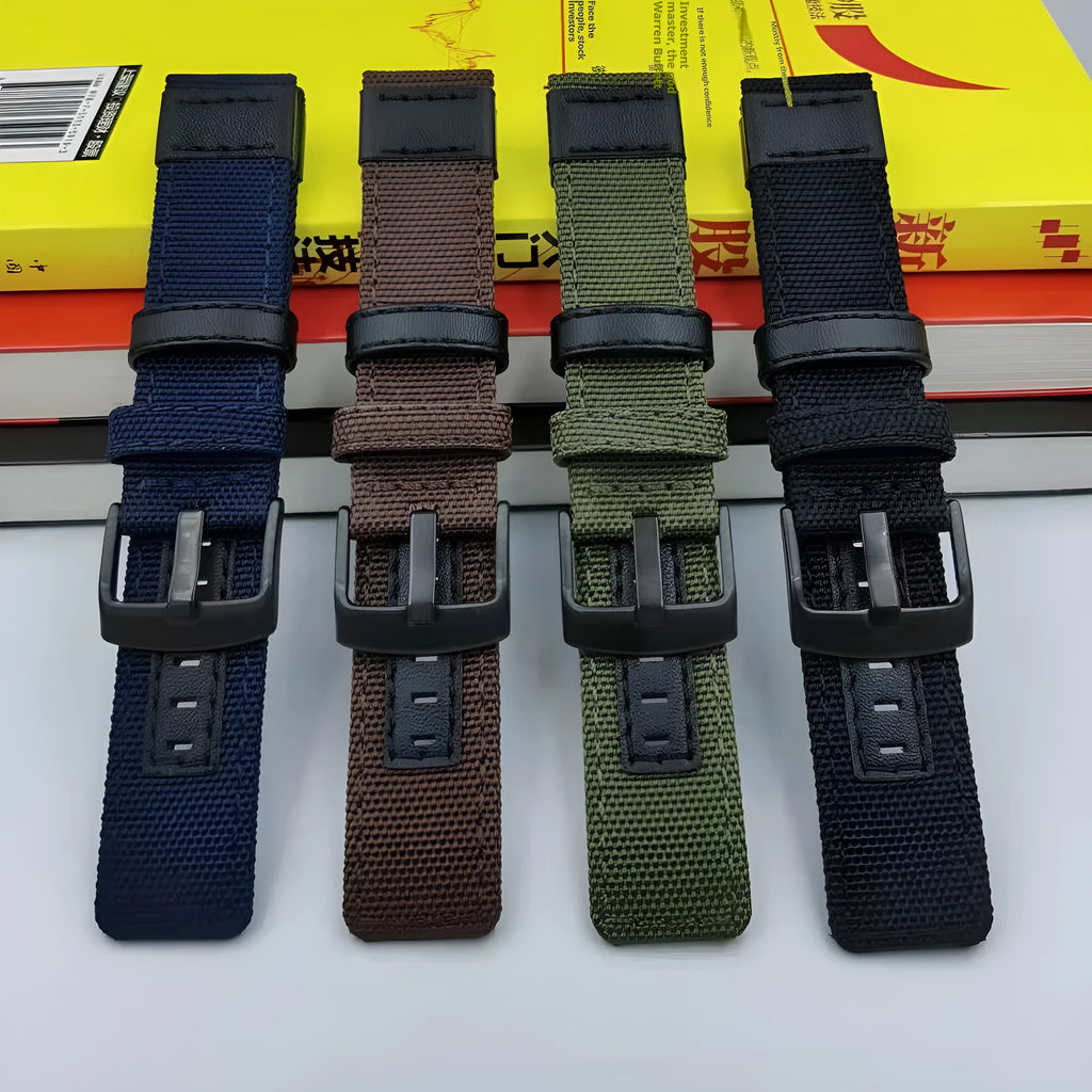Oxford cloth canvas watch strap shown in multiple colour options including camouflage, with 20mm, 22mm, and 24mm sizing displayed.