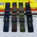 Oxford cloth canvas watch strap shown in multiple colour options including camouflage, with 20mm, 22mm, and 24mm sizing displayed.