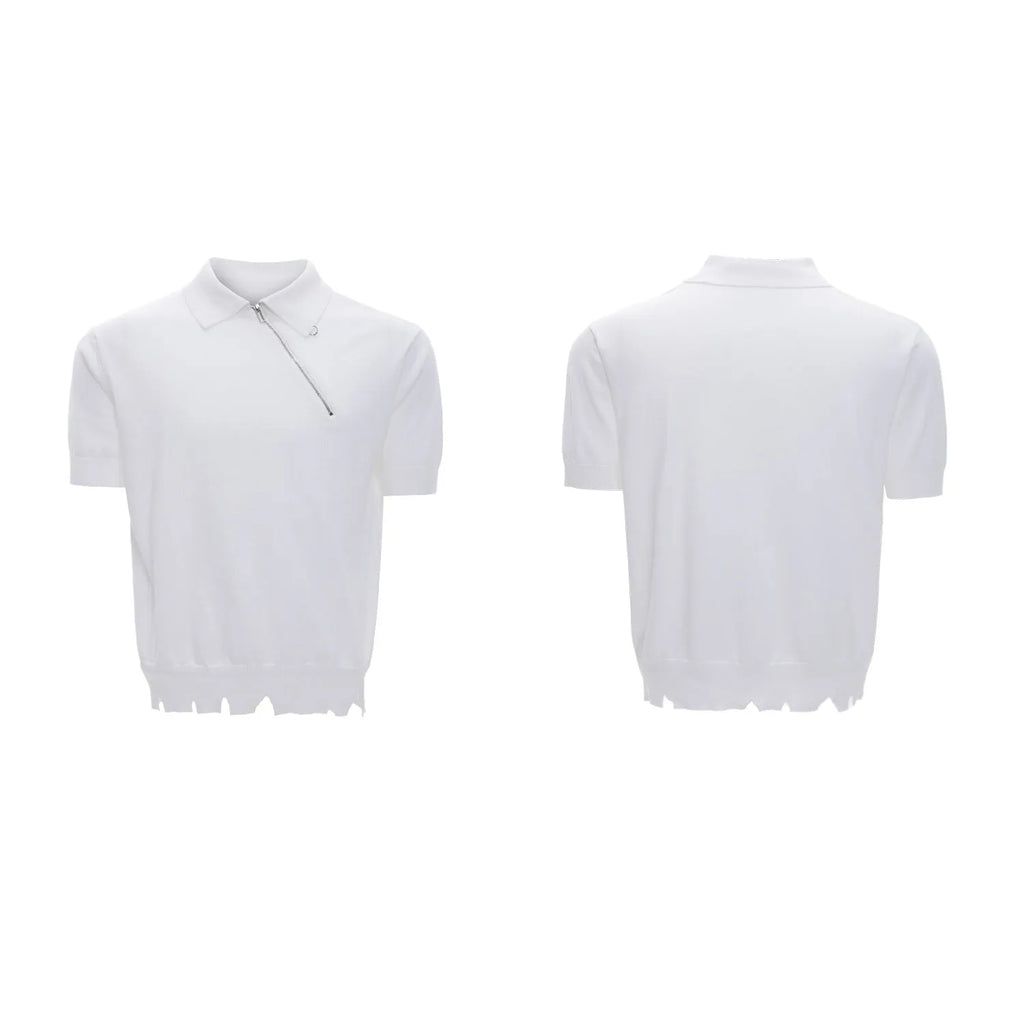 Men's black slim fit knitted polo shirt with oblique diagonal zipper and lapel collar