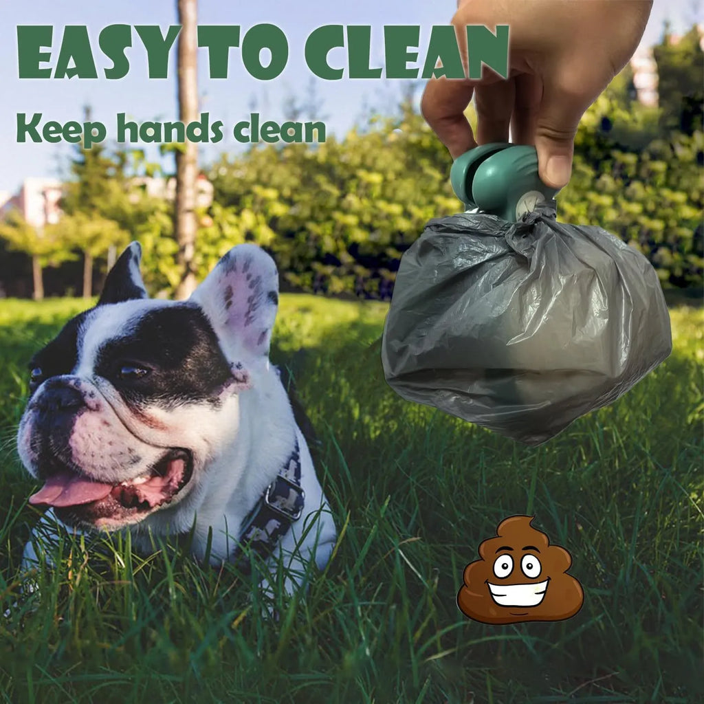 Blue portable dog pooper scooper with clip, expandable waste container, and bag dispenser.